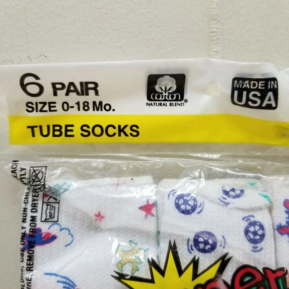 6 Pairs‎ Tube Socks 0 To 18 Month Cotton Car Dino Ball Print USA Vintage NOS